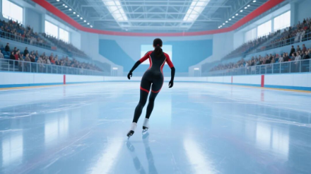 低機位跟隨鏡頭，一個黑發女性運動員在冰場上滑冰，體育館，觀眾，環形冰場，8K,最高畫質，背影，黑紅相間的運動服，立體，3d， (1)_upscayl_2x_ultrasharp 拷貝.jpg